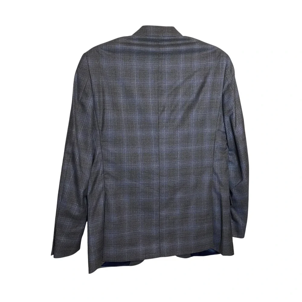 Daniel Hechter Paris Mens 42L Blue Grey Plaid Wool Blend Blazer Sport Coat